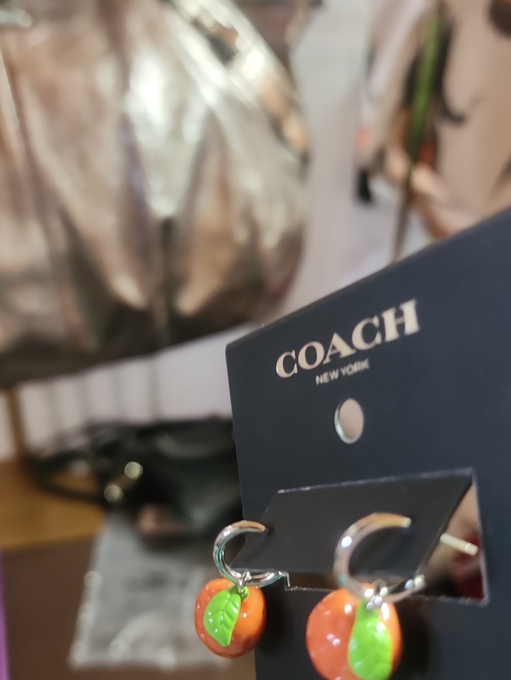 COACH Strawberry Post With Cs Enamel Fruit Drop Earrings with Green Leafs Nwt - Picture 4 of 5